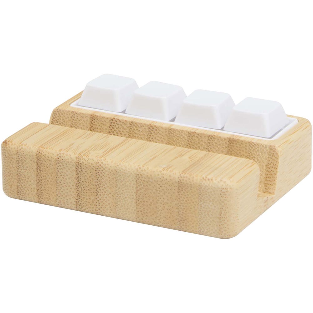 Algol telefoonstandaard en fidgetspeeltje van gerecycled plastic met bamboedetails