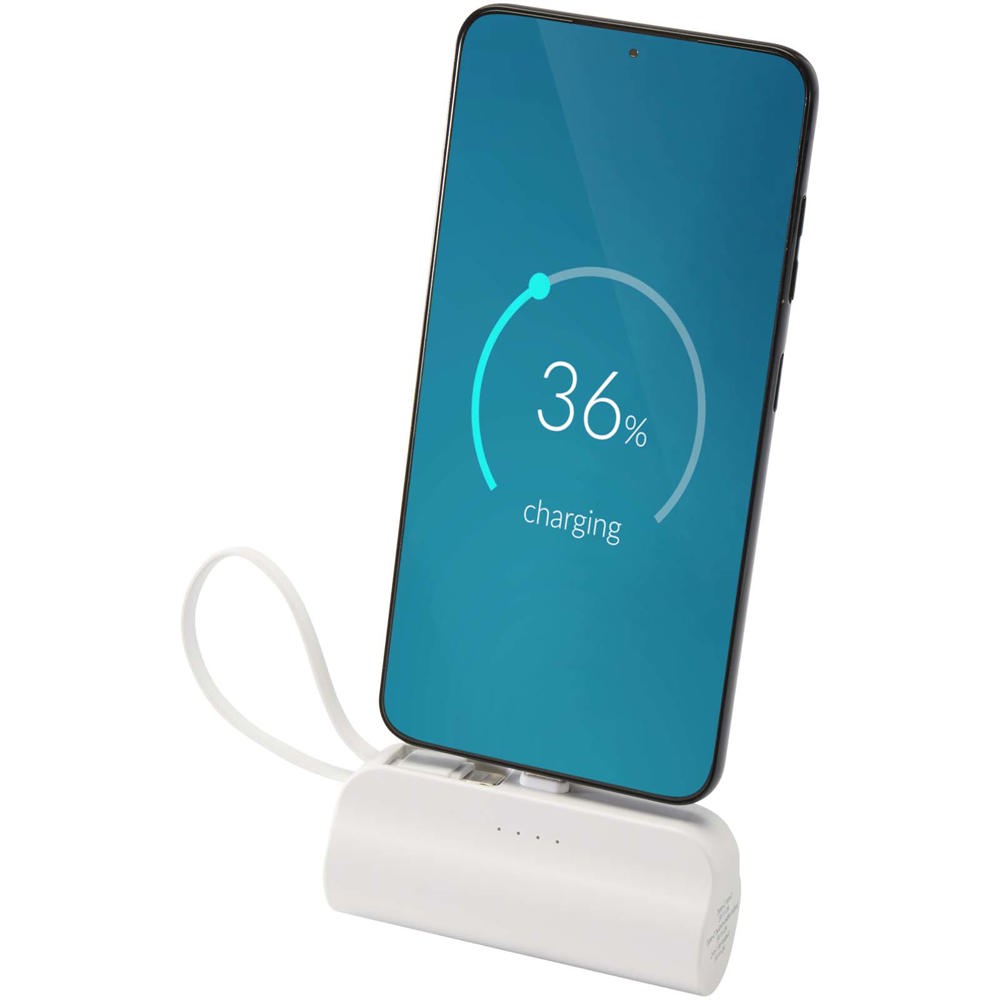 Alnair Type-C powerbank van 5000 mAh 10 W van gerecycled plastic met ingebouwde klapstandaard en 2 in 1 kabel - Wit